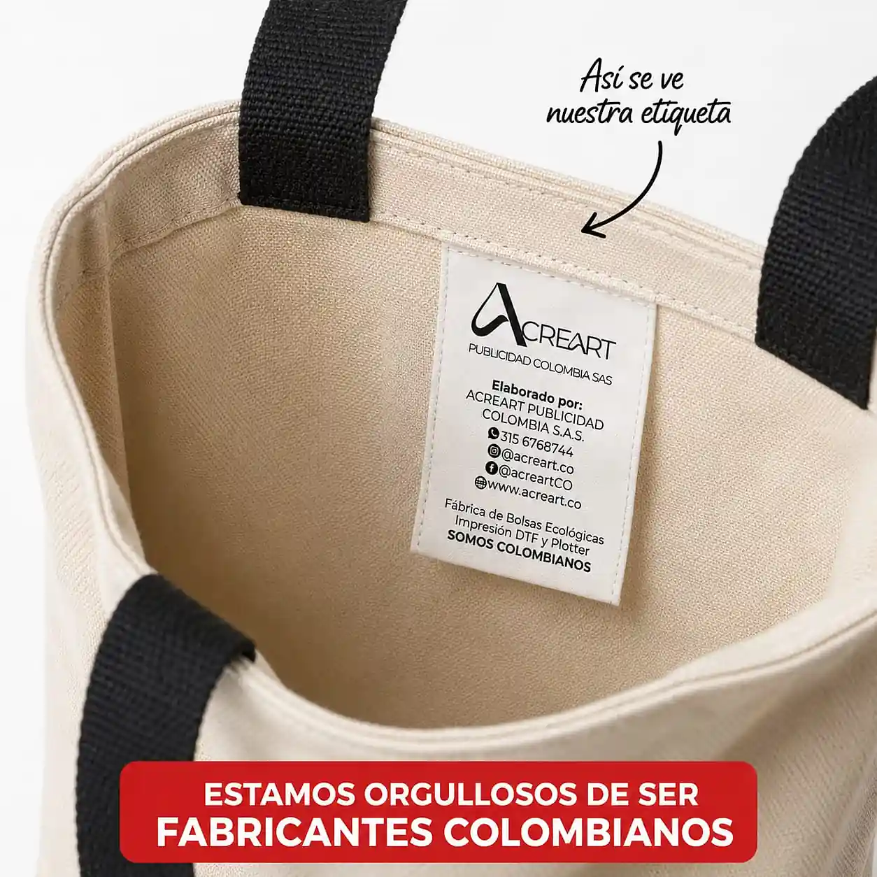 Etiqueta tejida Acreart en un producto