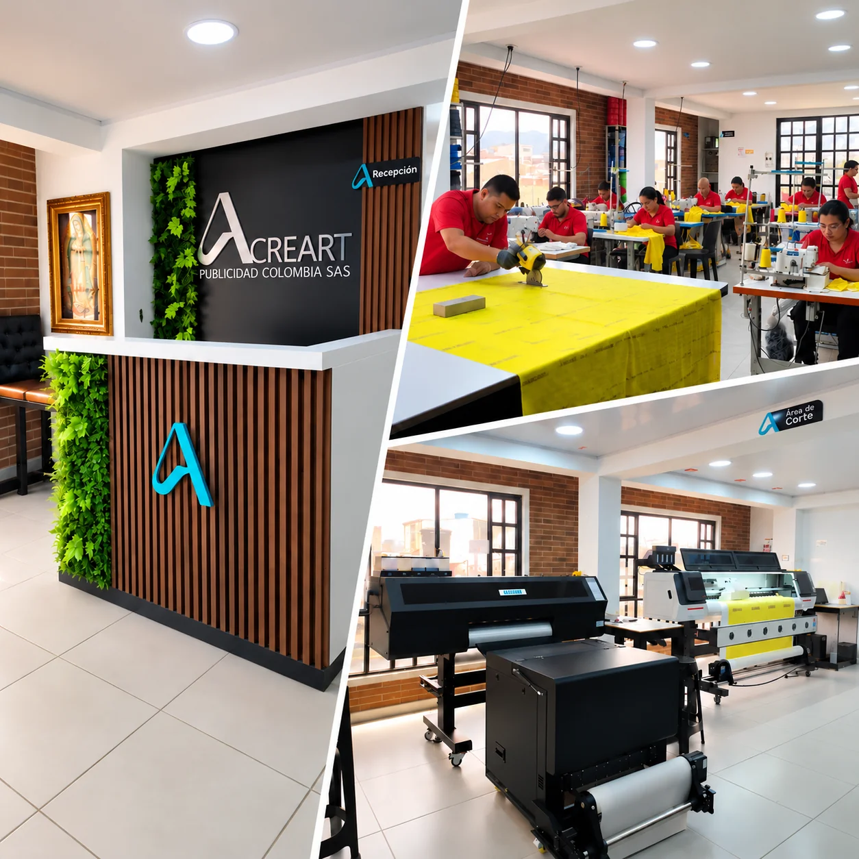 Recepción, área de corte y producción en la planta de Acreart en Bogotá